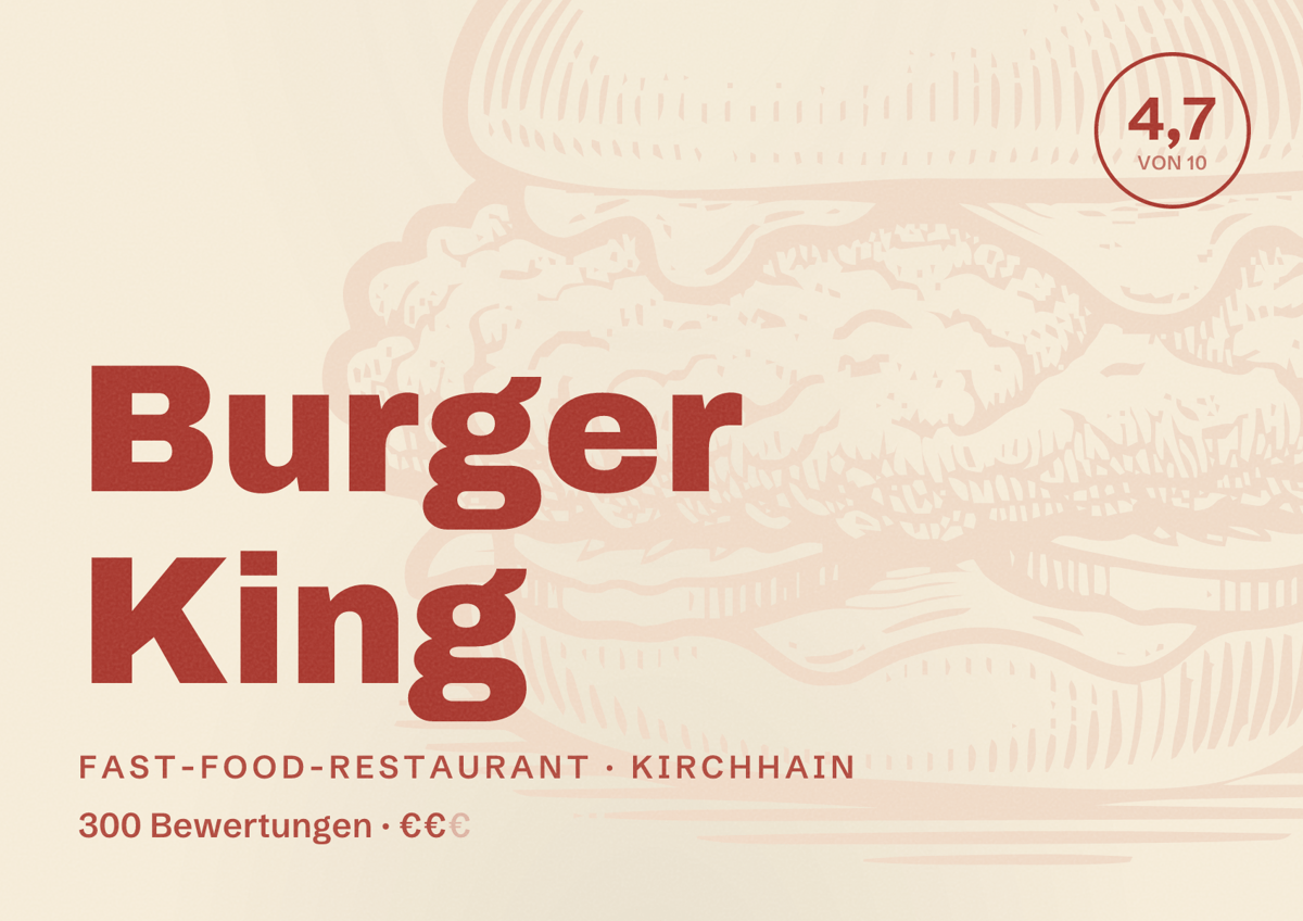 Illustriertes Poster von Burger King, Fast-Food-Restaurant in Kirchhain: Bewertung 4,7 von 10 aus 300 Bewertungen, Preisniveau €€