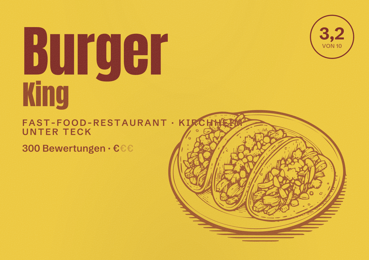 Illustriertes Poster von Burger King, Fast-Food-Restaurant in Kirchheim unter Teck: Bewertung 3,2 von 10 aus 300 Bewertungen, Preisniveau €