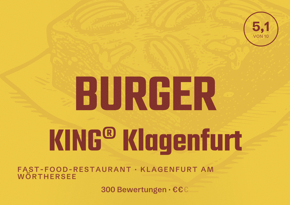 Illustriertes Poster von BURGER KING® Klagenfurt, Fast-Food-Restaurant in Klagenfurt am Wörthersee: Bewertung 5,1 von 10 aus 300 Bewertungen, Preisniveau €€