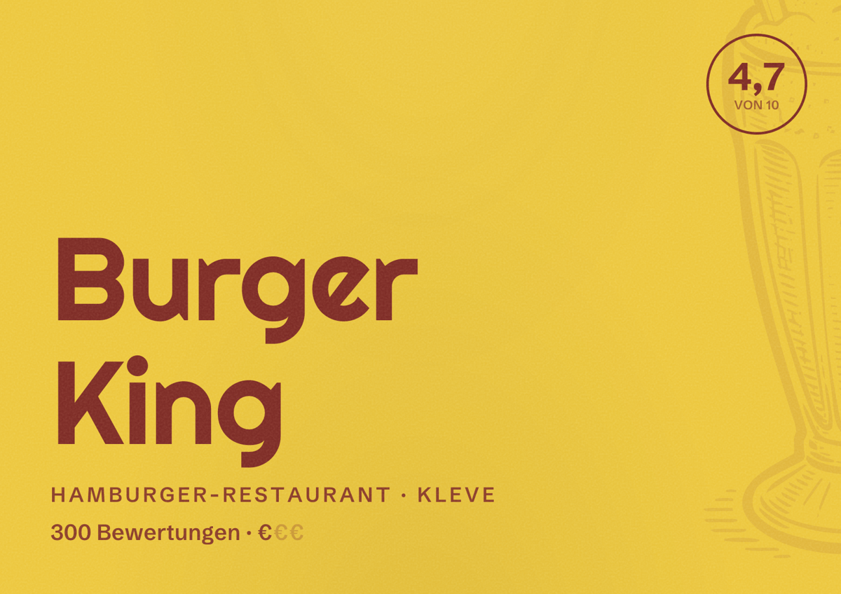 Illustriertes Poster von Burger King, Hamburger-Restaurant in Kleve: Bewertung 4,7 von 10 aus 300 Bewertungen, Preisniveau €