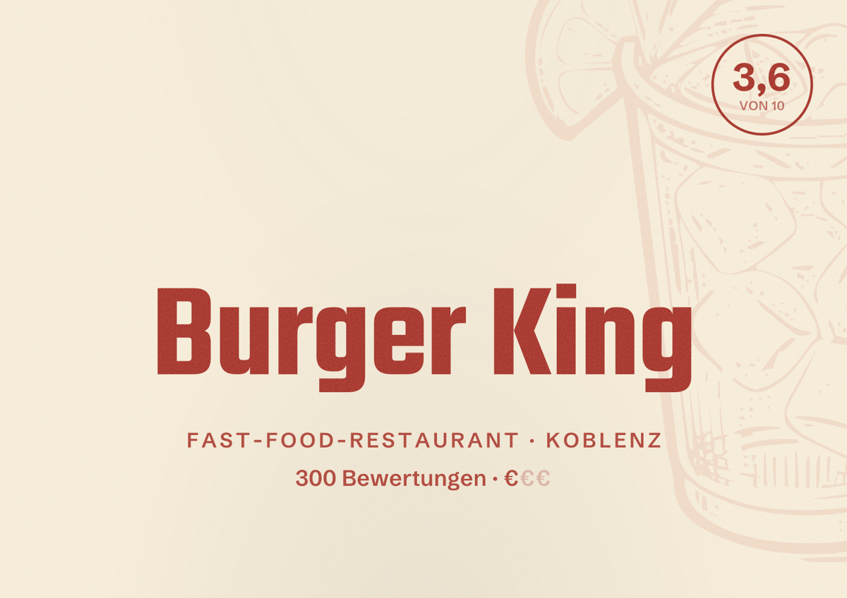 Illustriertes Poster von Burger King, Fast-Food-Restaurant in Koblenz: Bewertung 3,6 von 10 aus 300 Bewertungen, Preisniveau €