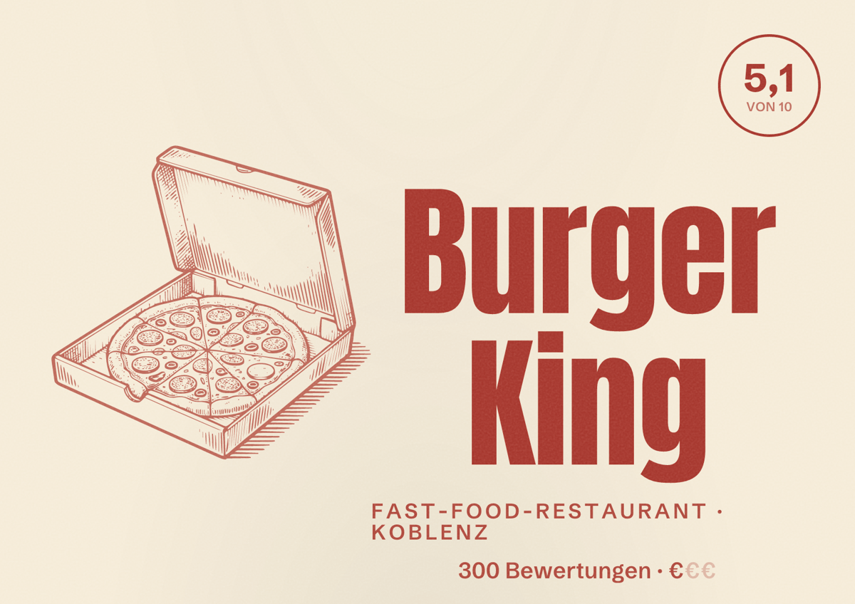 Illustriertes Poster von Burger King, Fast-Food-Restaurant in Koblenz: Bewertung 5,1 von 10 aus 300 Bewertungen, Preisniveau €