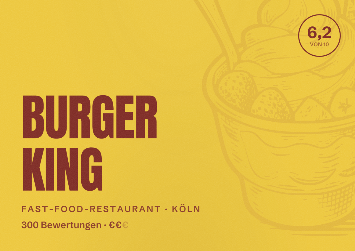 Illustriertes Poster von BURGER KING, Fast-Food-Restaurant in Köln: Bewertung 6,2 von 10 aus 300 Bewertungen, Preisniveau €€