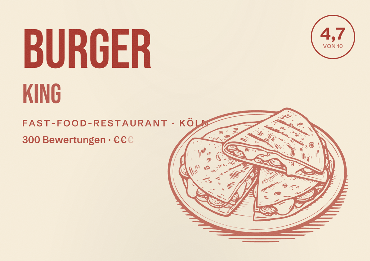Illustriertes Poster von Burger King, Fast-Food-Restaurant in Köln: Bewertung 4,7 von 10 aus 300 Bewertungen, Preisniveau €€
