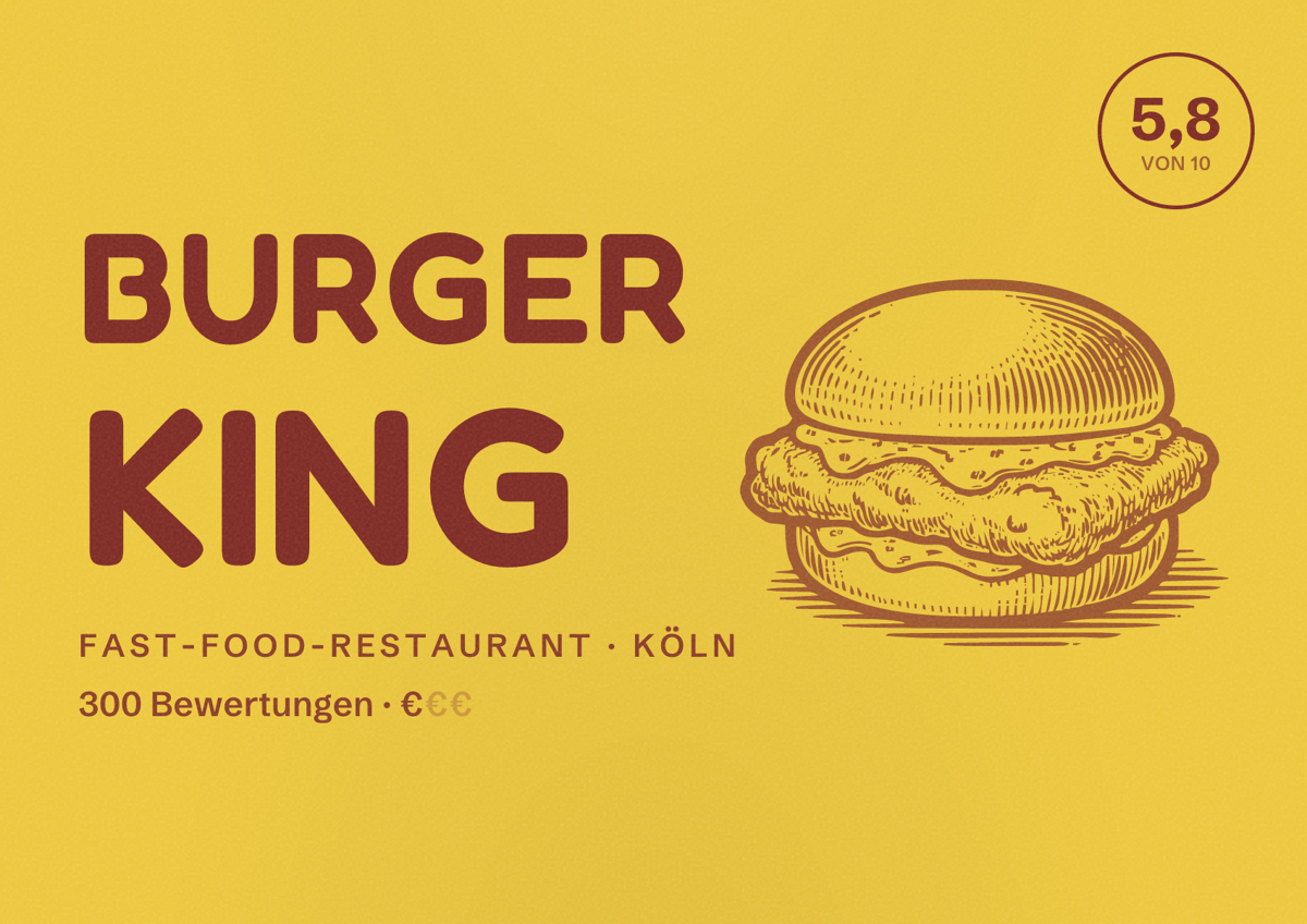 Illustriertes Poster von Burger King, Fast-Food-Restaurant in Köln: Bewertung 5,8 von 10 aus 300 Bewertungen, Preisniveau €