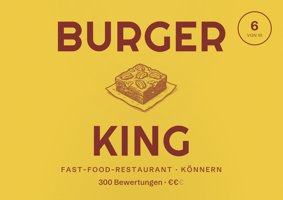 Illustriertes Poster von Burger King, Fast-Food-Restaurant in Könnern: Bewertung 6 von 10 aus 300 Bewertungen, Preisniveau €€