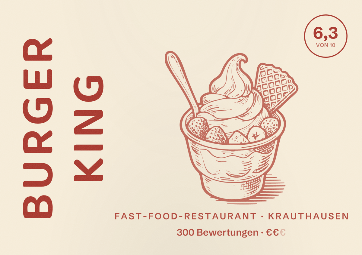 Illustriertes Poster von Burger King, Fast-Food-Restaurant in Krauthausen: Bewertung 6,3 von 10 aus 300 Bewertungen, Preisniveau €€