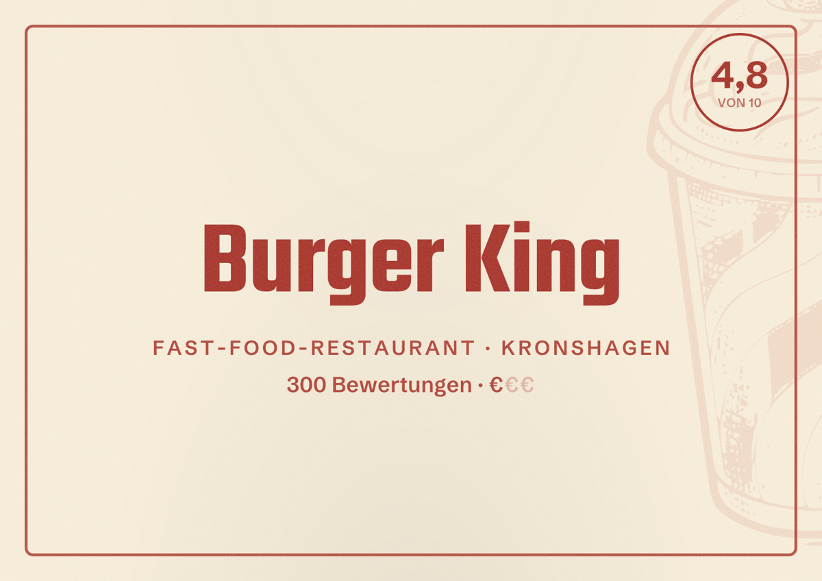 Illustriertes Poster von Burger King, Fast-Food-Restaurant in Kronshagen: Bewertung 4,8 von 10 aus 300 Bewertungen, Preisniveau €