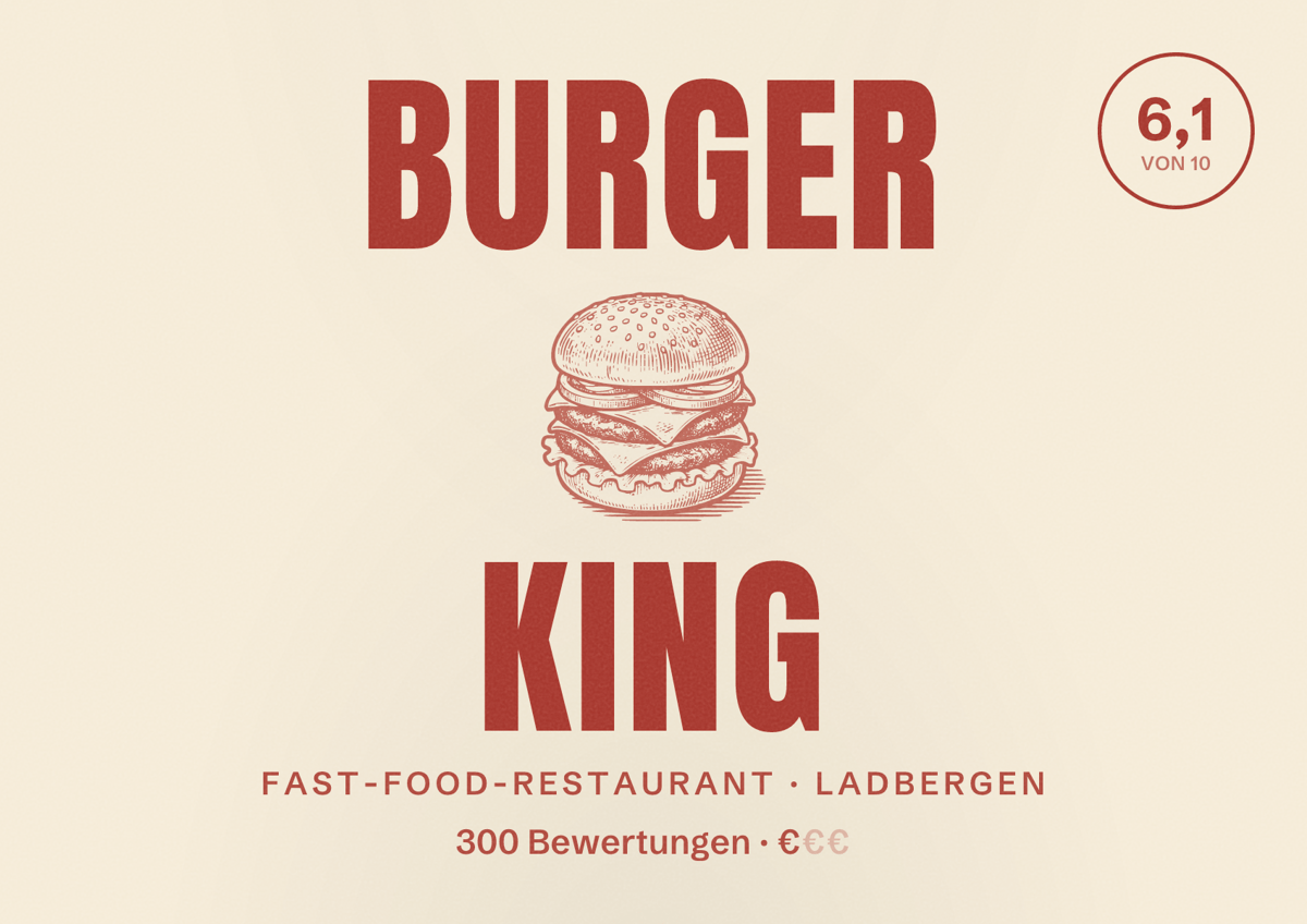 Illustriertes Poster von Burger King, Fast-Food-Restaurant in Ladbergen: Bewertung 6,1 von 10 aus 300 Bewertungen, Preisniveau €