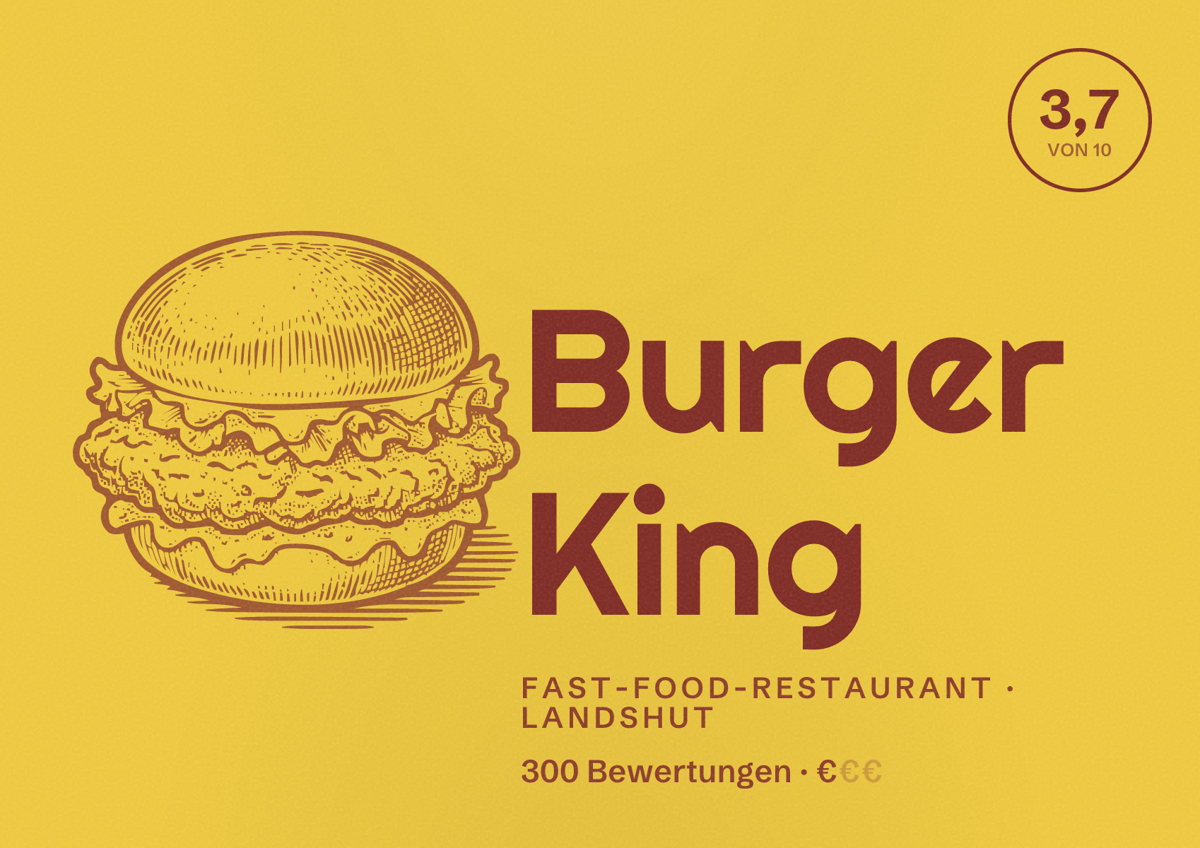 Illustriertes Poster von Burger King, Fast-Food-Restaurant in Landshut: Bewertung 3,7 von 10 aus 300 Bewertungen, Preisniveau €