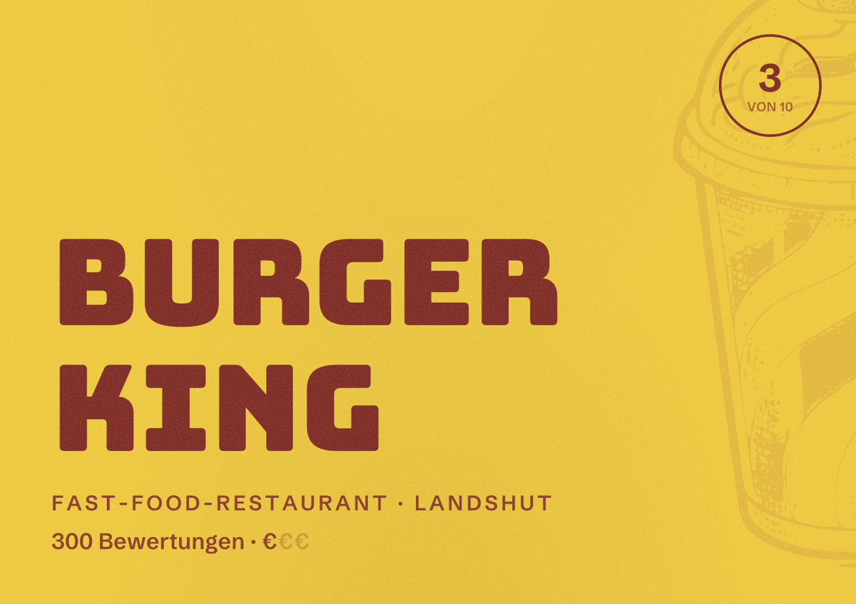 Illustriertes Poster von Burger King, Fast-Food-Restaurant in Landshut: Bewertung 3 von 10 aus 300 Bewertungen, Preisniveau €