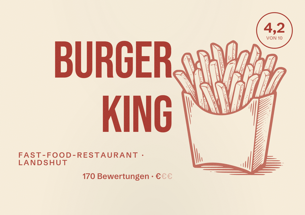 Illustriertes Poster von Burger King, Fast-Food-Restaurant in Landshut: Bewertung 4,2 von 10 aus 170 Bewertungen, Preisniveau €