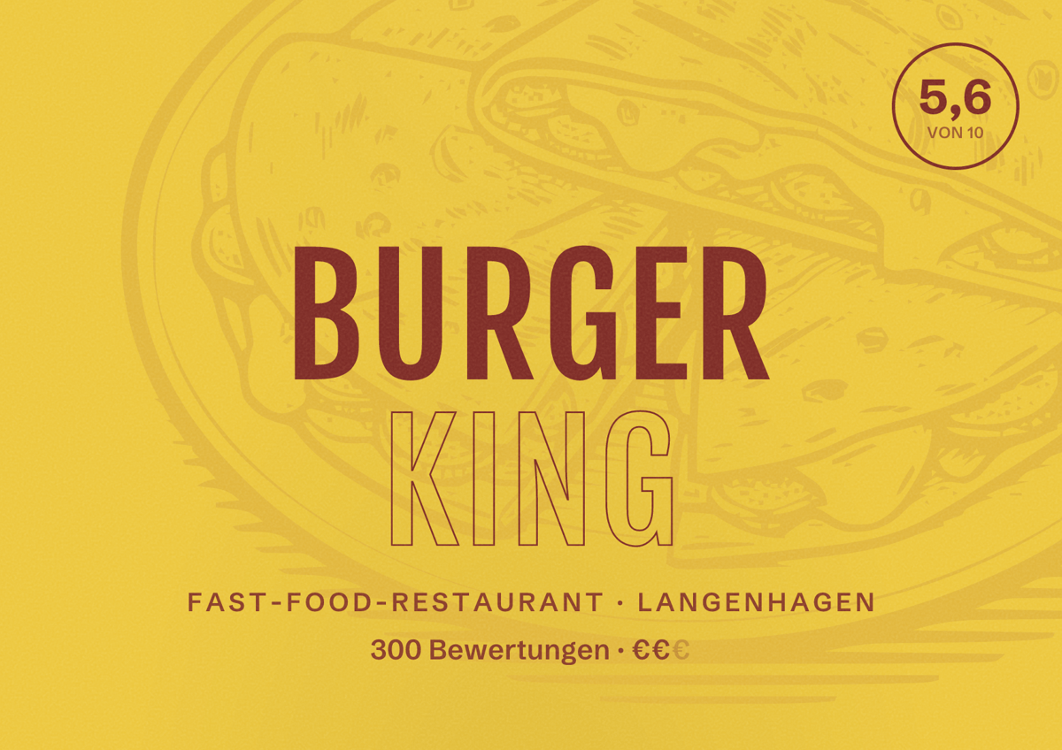 Illustriertes Poster von Burger King, Fast-Food-Restaurant in Langenhagen: Bewertung 5,6 von 10 aus 300 Bewertungen, Preisniveau €€