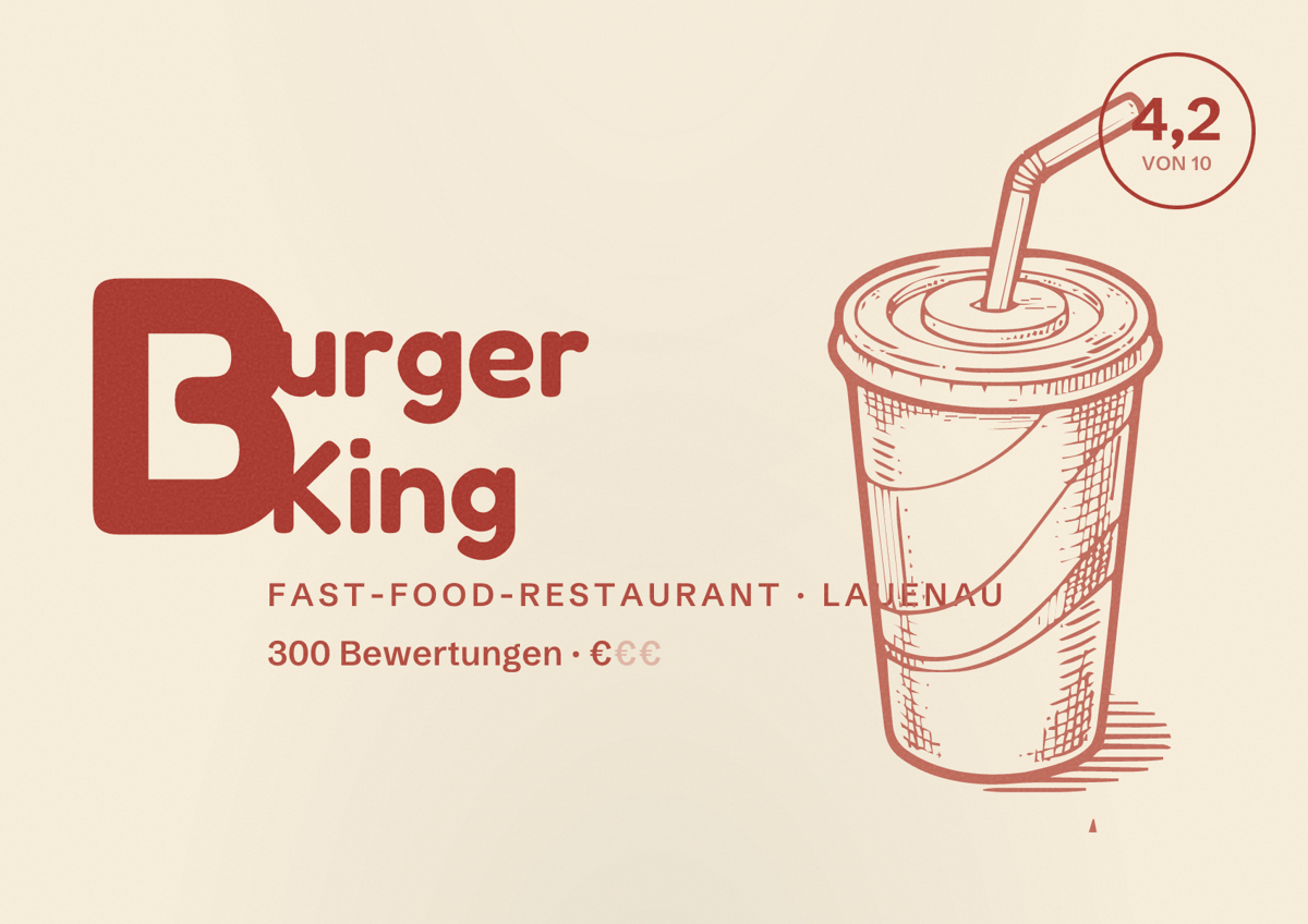 Illustriertes Poster von Burger King, Fast-Food-Restaurant in Lauenau: Bewertung 4,2 von 10 aus 300 Bewertungen, Preisniveau €
