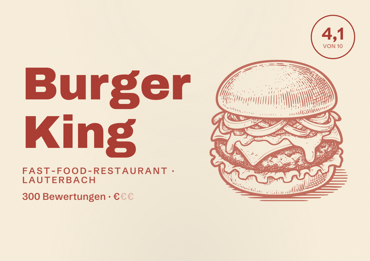 Illustriertes Poster von Burger King, Fast-Food-Restaurant in Lauterbach: Bewertung 4,1 von 10 aus 300 Bewertungen, Preisniveau €