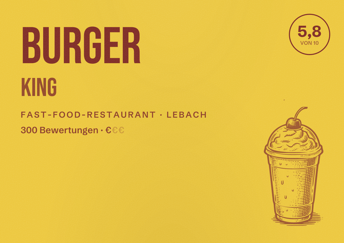 Illustriertes Poster von Burger King, Fast-Food-Restaurant in Lebach: Bewertung 5,8 von 10 aus 300 Bewertungen, Preisniveau €