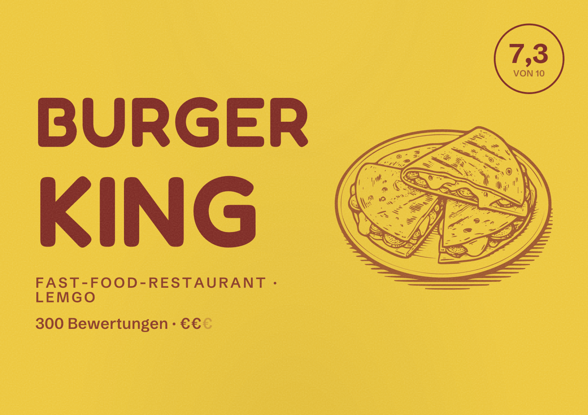 Illustriertes Poster von Burger King, Fast-Food-Restaurant in Lemgo: Bewertung 7,3 von 10 aus 300 Bewertungen, Preisniveau €€