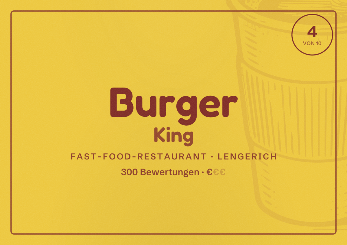 Illustriertes Poster von Burger King, Fast-Food-Restaurant in Lengerich: Bewertung 4 von 10 aus 300 Bewertungen, Preisniveau €