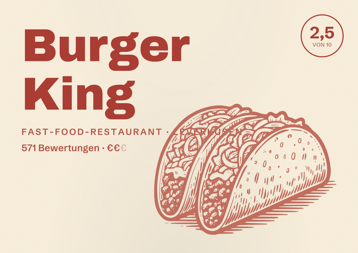 Illustriertes Poster von Burger King, Fast-Food-Restaurant in Leverkusen: Bewertung 2,5 von 10 aus 571 Bewertungen, Preisniveau €€