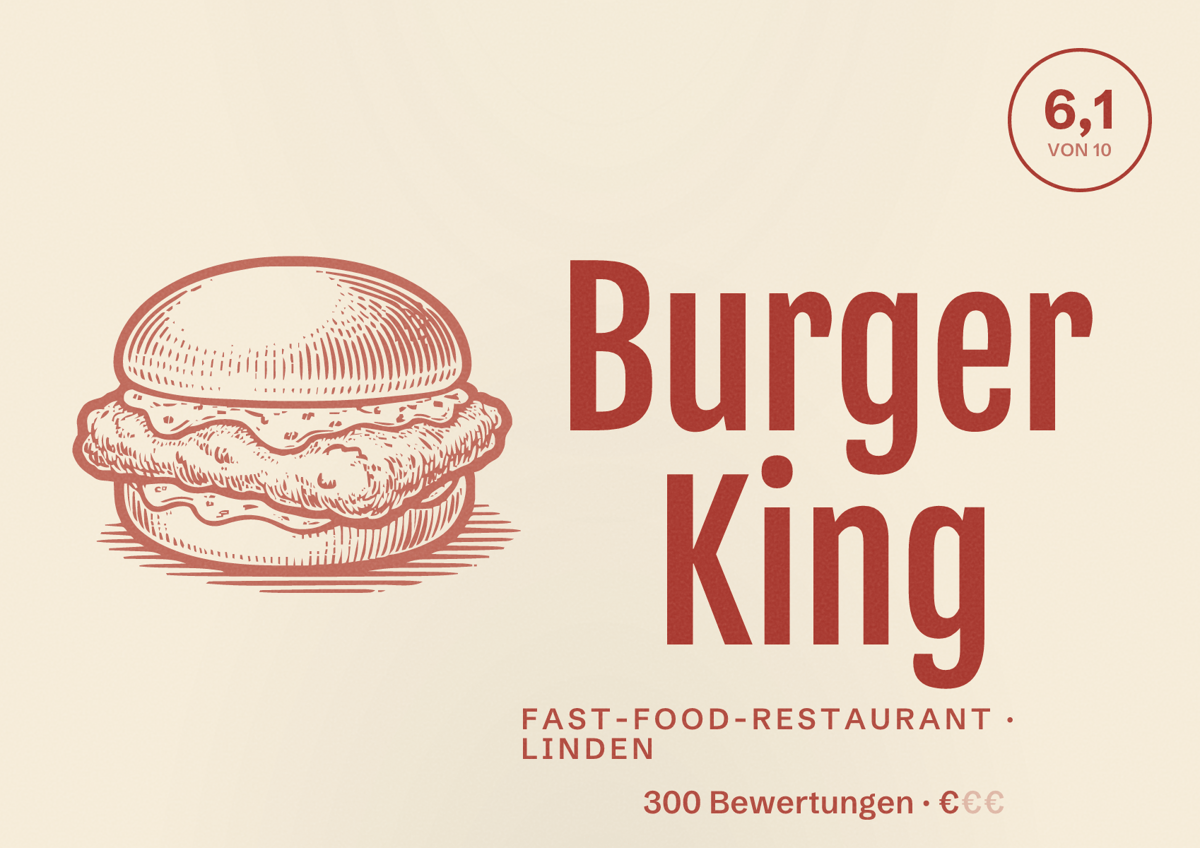 Illustriertes Poster von Burger King, Fast-Food-Restaurant in Linden: Bewertung 6,1 von 10 aus 300 Bewertungen, Preisniveau €