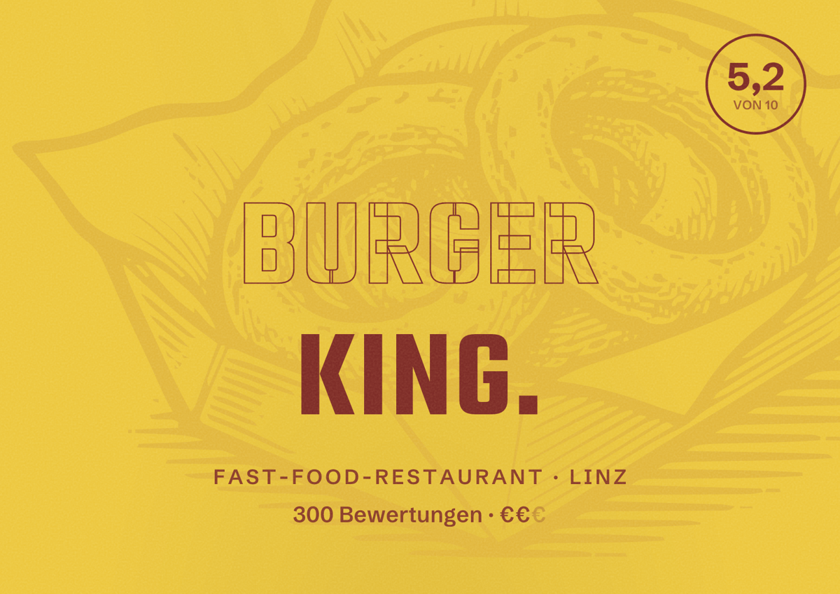 Illustriertes Poster von Burger King., Fast-Food-Restaurant in Linz: Bewertung 5,2 von 10 aus 300 Bewertungen, Preisniveau €€
