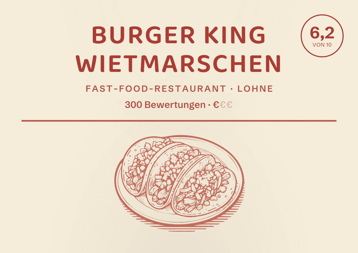 Illustriertes Poster von Burger King Wietmarschen, Fast-Food-Restaurant in Lohne: Bewertung 6,2 von 10 aus 300 Bewertungen, Preisniveau €