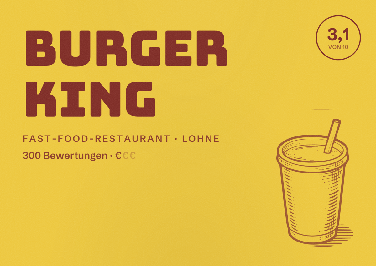 Illustriertes Poster von Burger King, Fast-Food-Restaurant in Lohne: Bewertung 3,1 von 10 aus 300 Bewertungen, Preisniveau €