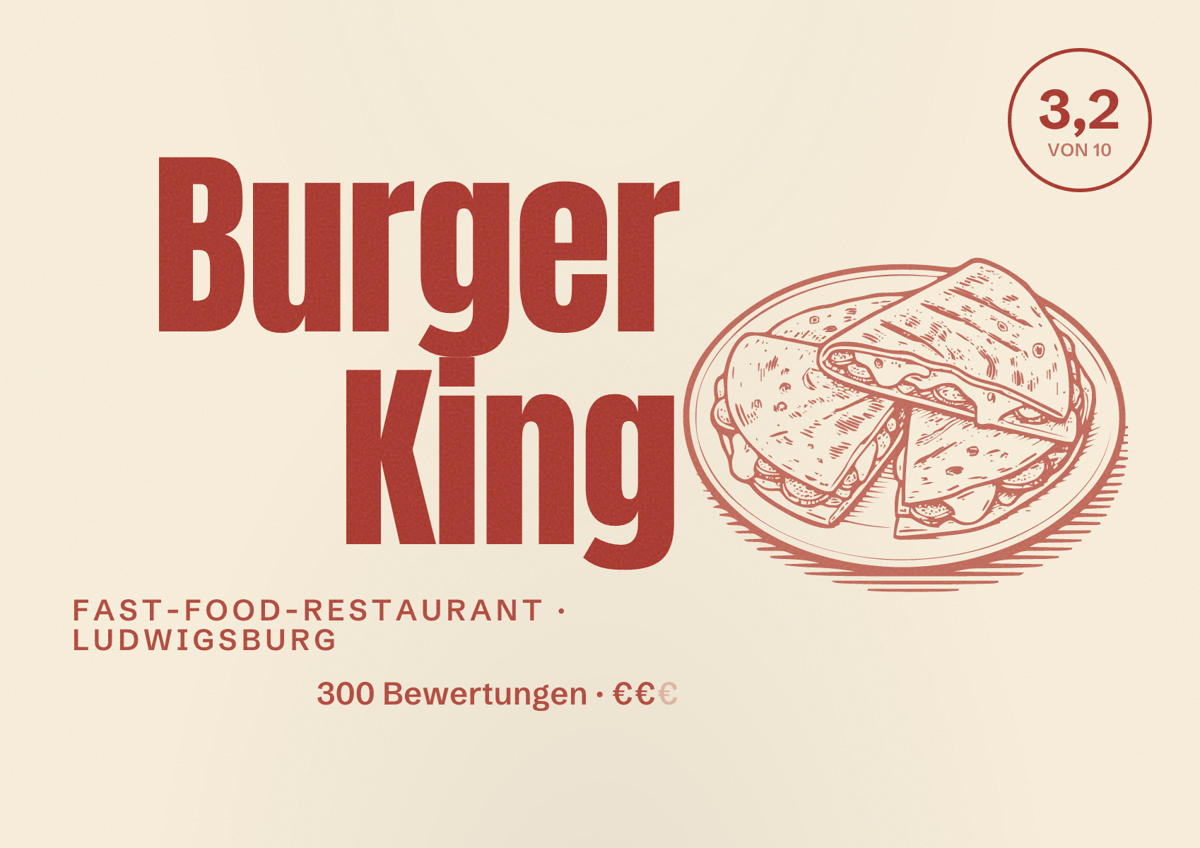 Illustriertes Poster von Burger King, Fast-Food-Restaurant in Ludwigsburg: Bewertung 3,2 von 10 aus 300 Bewertungen, Preisniveau €€