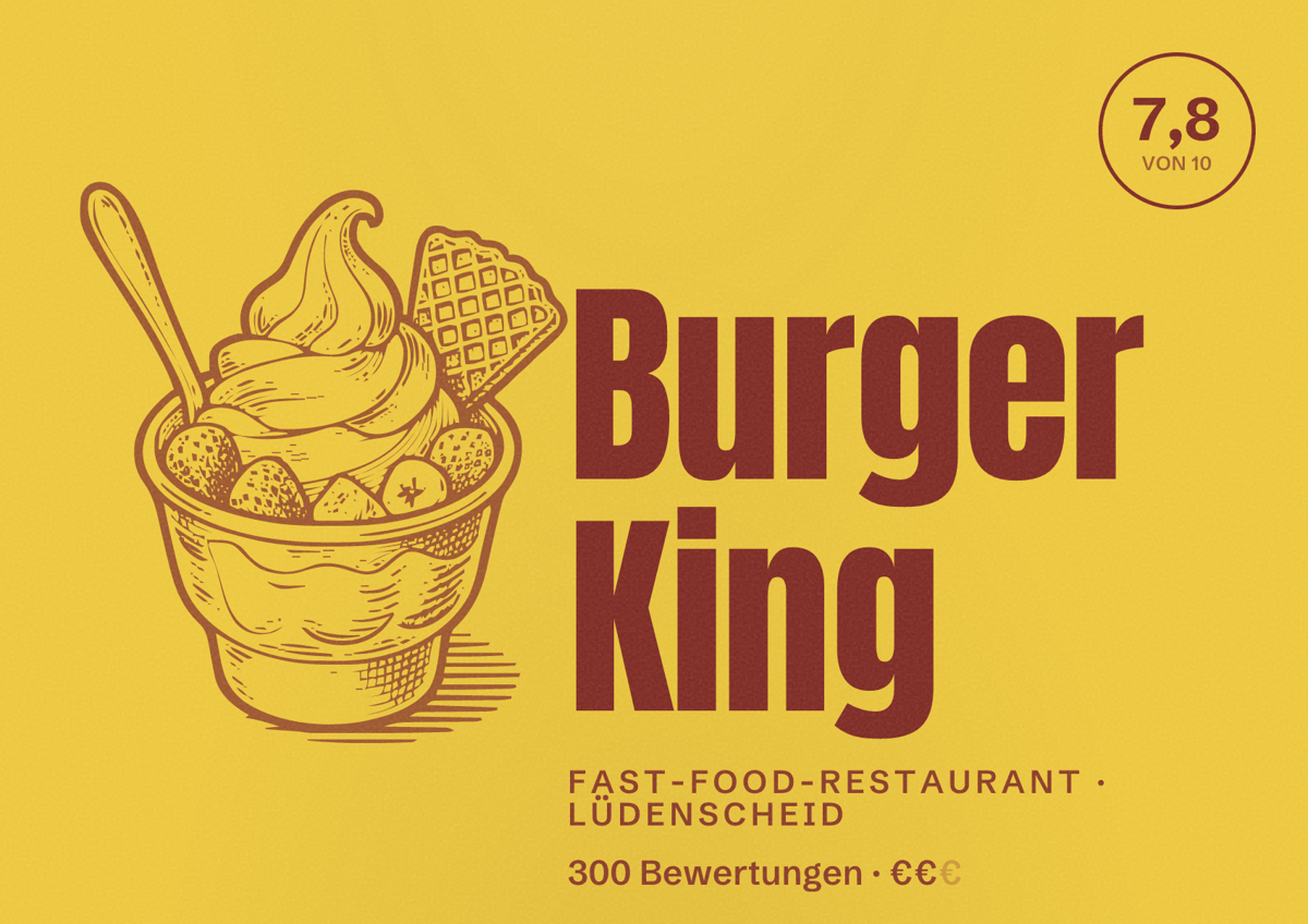 Illustriertes Poster von Burger King, Fast-Food-Restaurant in Lüdenscheid: Bewertung 7,8 von 10 aus 300 Bewertungen, Preisniveau €€