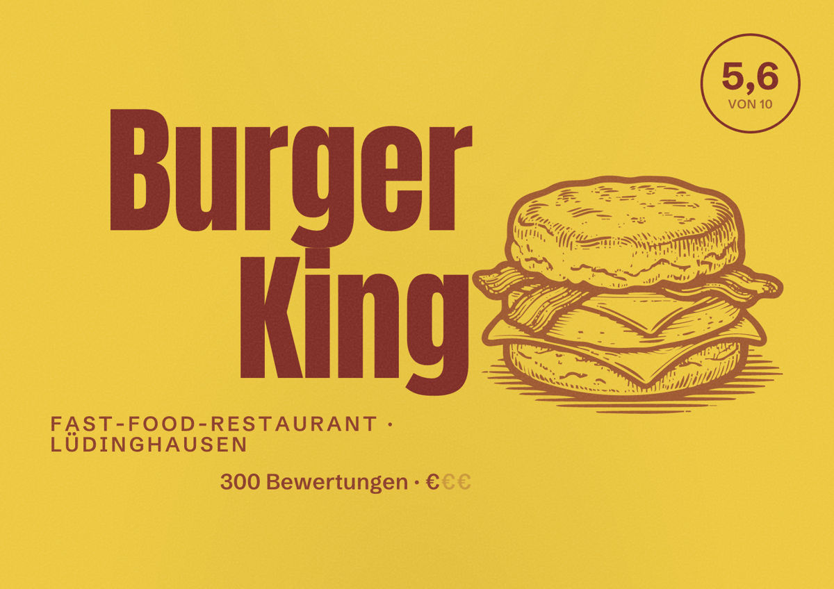 Illustriertes Poster von Burger King, Fast-Food-Restaurant in Lüdinghausen: Bewertung 5,6 von 10 aus 300 Bewertungen, Preisniveau €