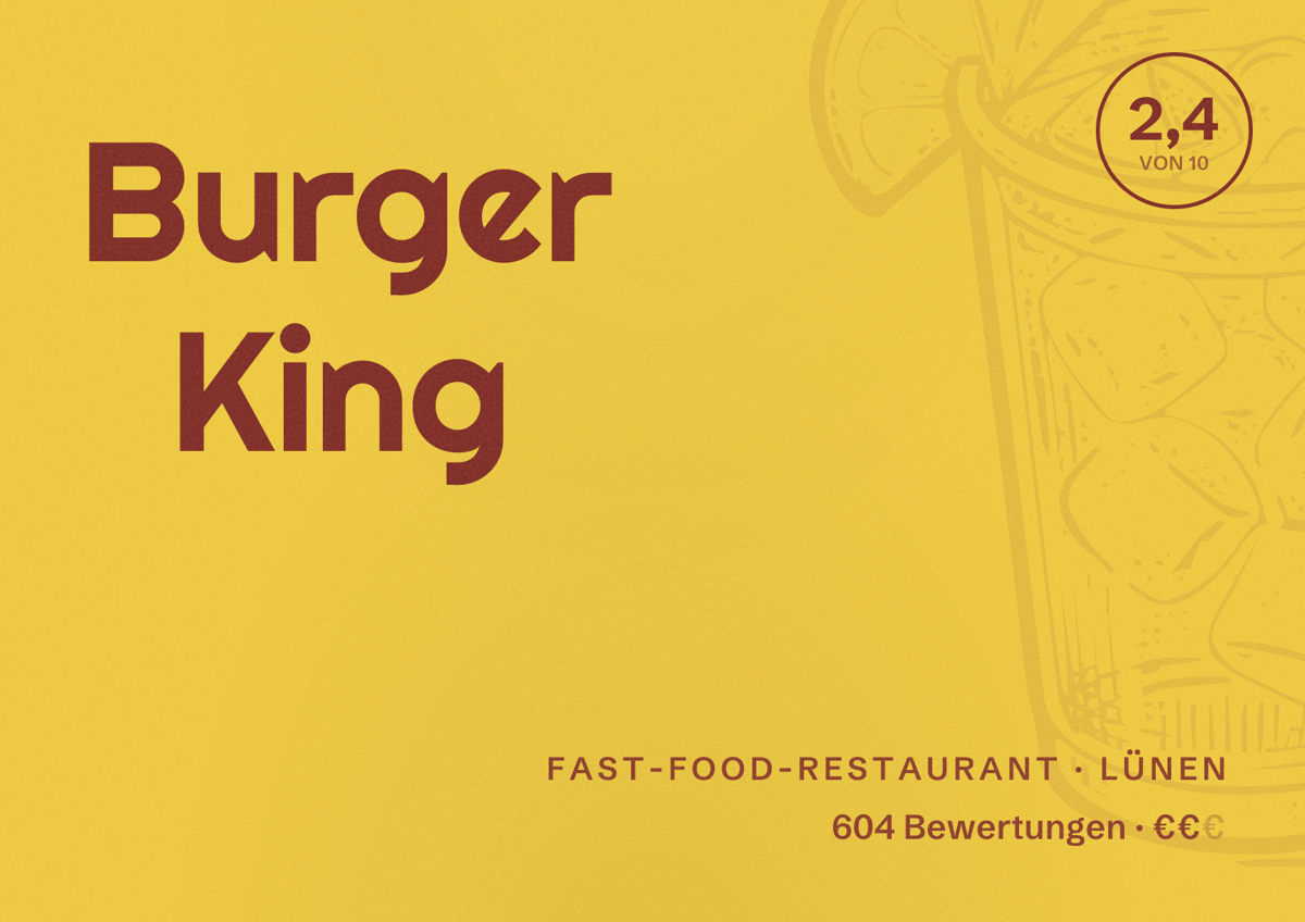 Illustriertes Poster von Burger King, Fast-Food-Restaurant in Lünen: Bewertung 2,4 von 10 aus 604 Bewertungen, Preisniveau €€