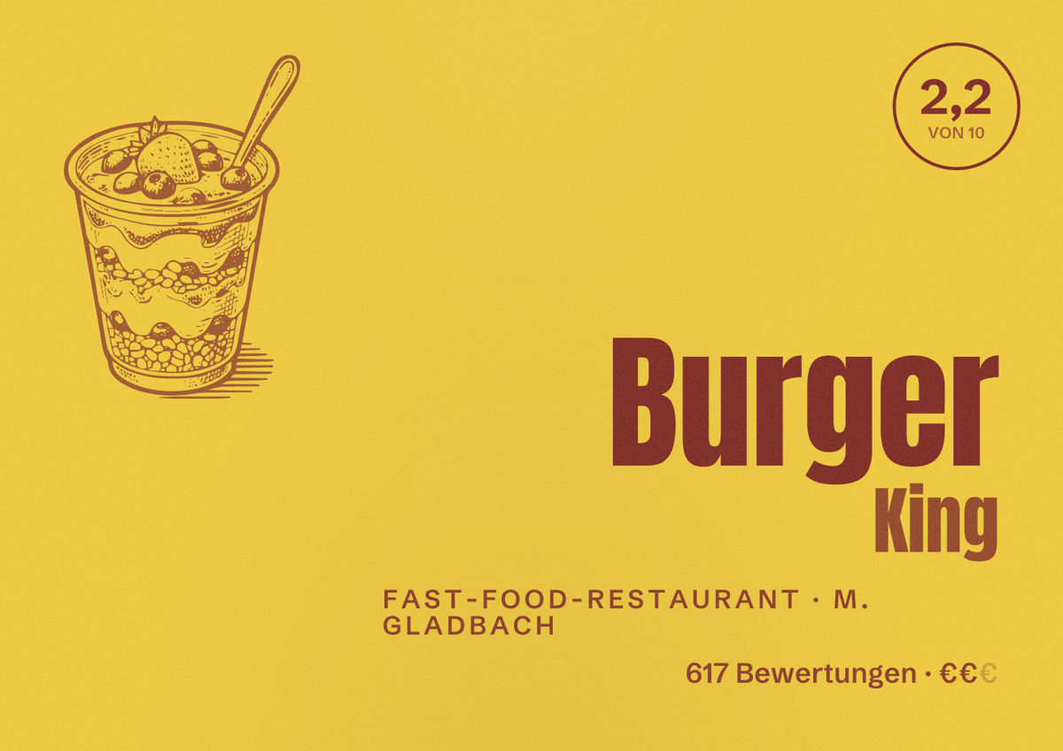Illustriertes Poster von Burger King, Fast-Food-Restaurant in M. Gladbach: Bewertung 2,2 von 10 aus 617 Bewertungen, Preisniveau €€