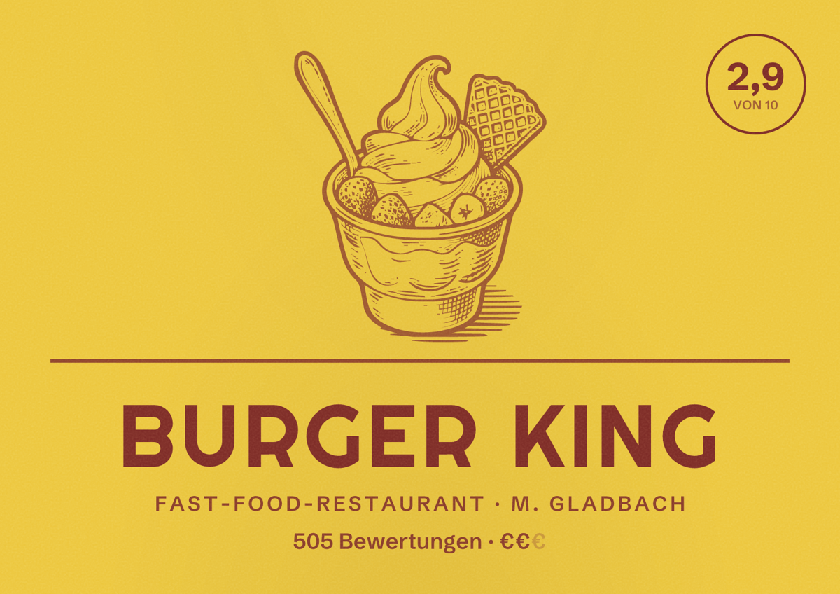 Illustriertes Poster von Burger King, Fast-Food-Restaurant in M. Gladbach: Bewertung 2,9 von 10 aus 505 Bewertungen, Preisniveau €€