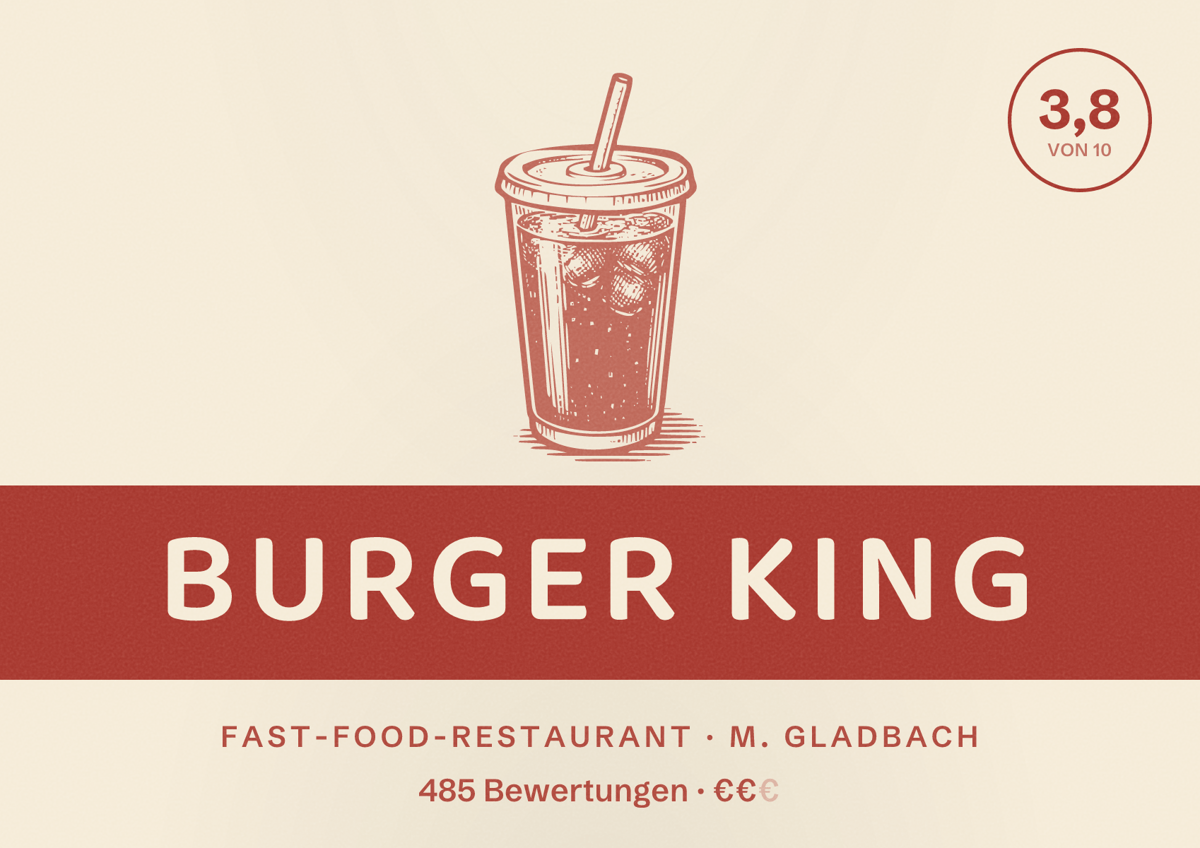 Illustriertes Poster von Burger King, Fast-Food-Restaurant in M. Gladbach: Bewertung 3,8 von 10 aus 485 Bewertungen, Preisniveau €€