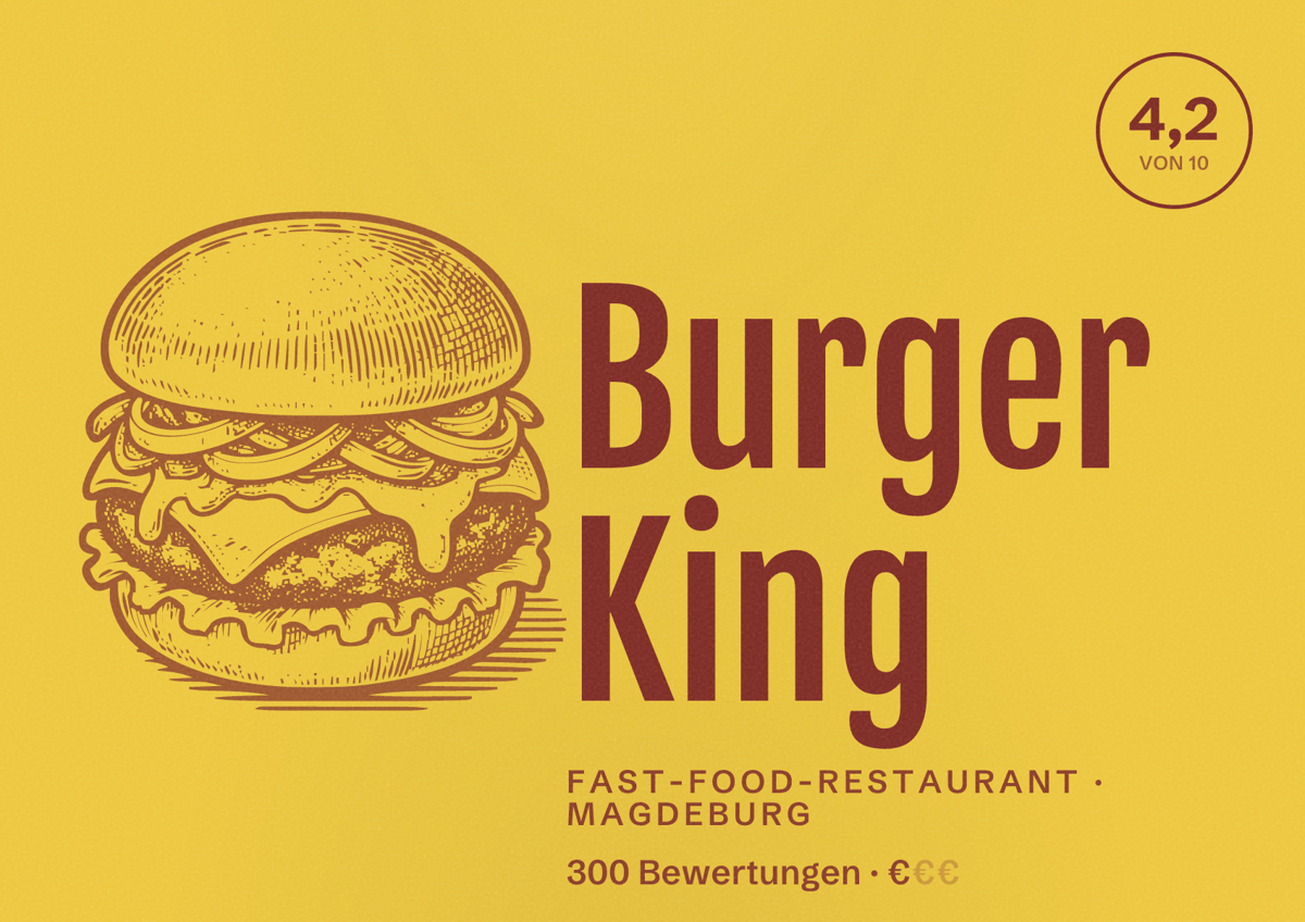Illustriertes Poster von Burger King, Fast-Food-Restaurant in Magdeburg: Bewertung 4,2 von 10 aus 300 Bewertungen, Preisniveau €