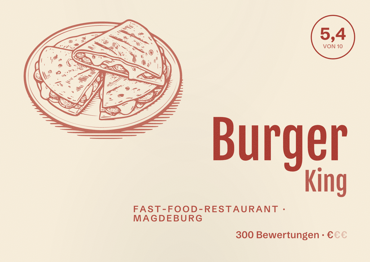 Illustriertes Poster von Burger King, Fast-Food-Restaurant in Magdeburg: Bewertung 5,4 von 10 aus 300 Bewertungen, Preisniveau €