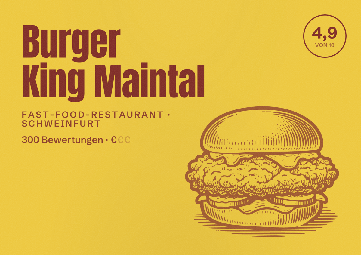 Illustriertes Poster von Burger King Maintal, Fast-Food-Restaurant in Schweinfurt: Bewertung 4,9 von 10 aus 300 Bewertungen, Preisniveau €