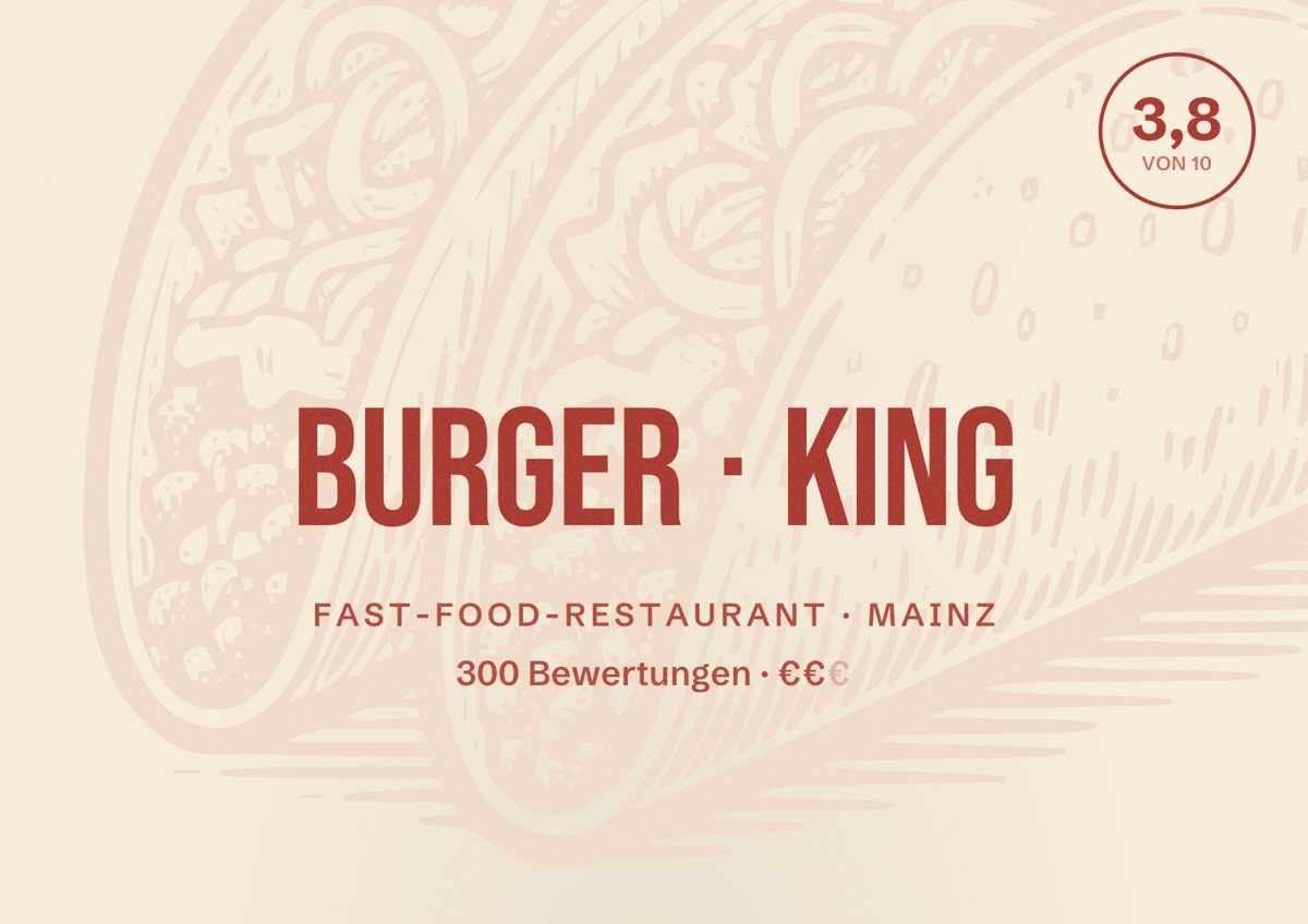 Illustriertes Poster von Burger King, Fast-Food-Restaurant in Mainz: Bewertung 3,8 von 10 aus 300 Bewertungen, Preisniveau €€