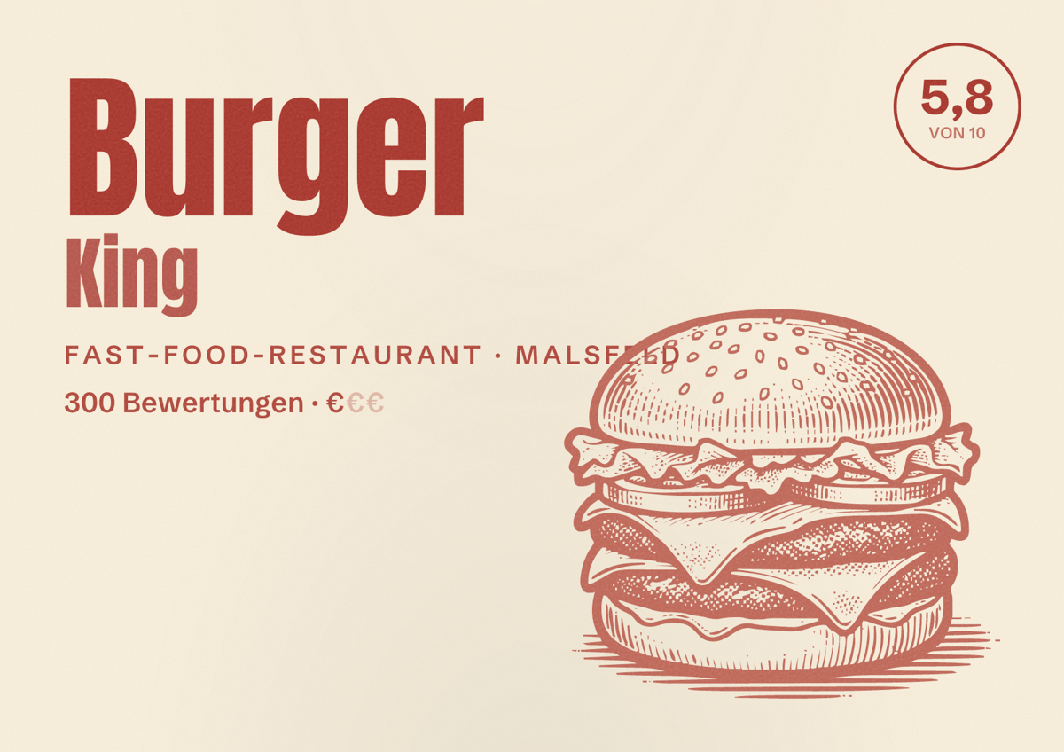 Illustriertes Poster von Burger King, Fast-Food-Restaurant in Malsfeld: Bewertung 5,8 von 10 aus 300 Bewertungen, Preisniveau €