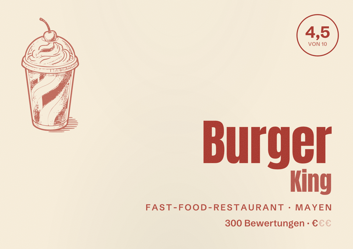 Illustriertes Poster von Burger King, Fast-Food-Restaurant in Mayen: Bewertung 4,5 von 10 aus 300 Bewertungen, Preisniveau €