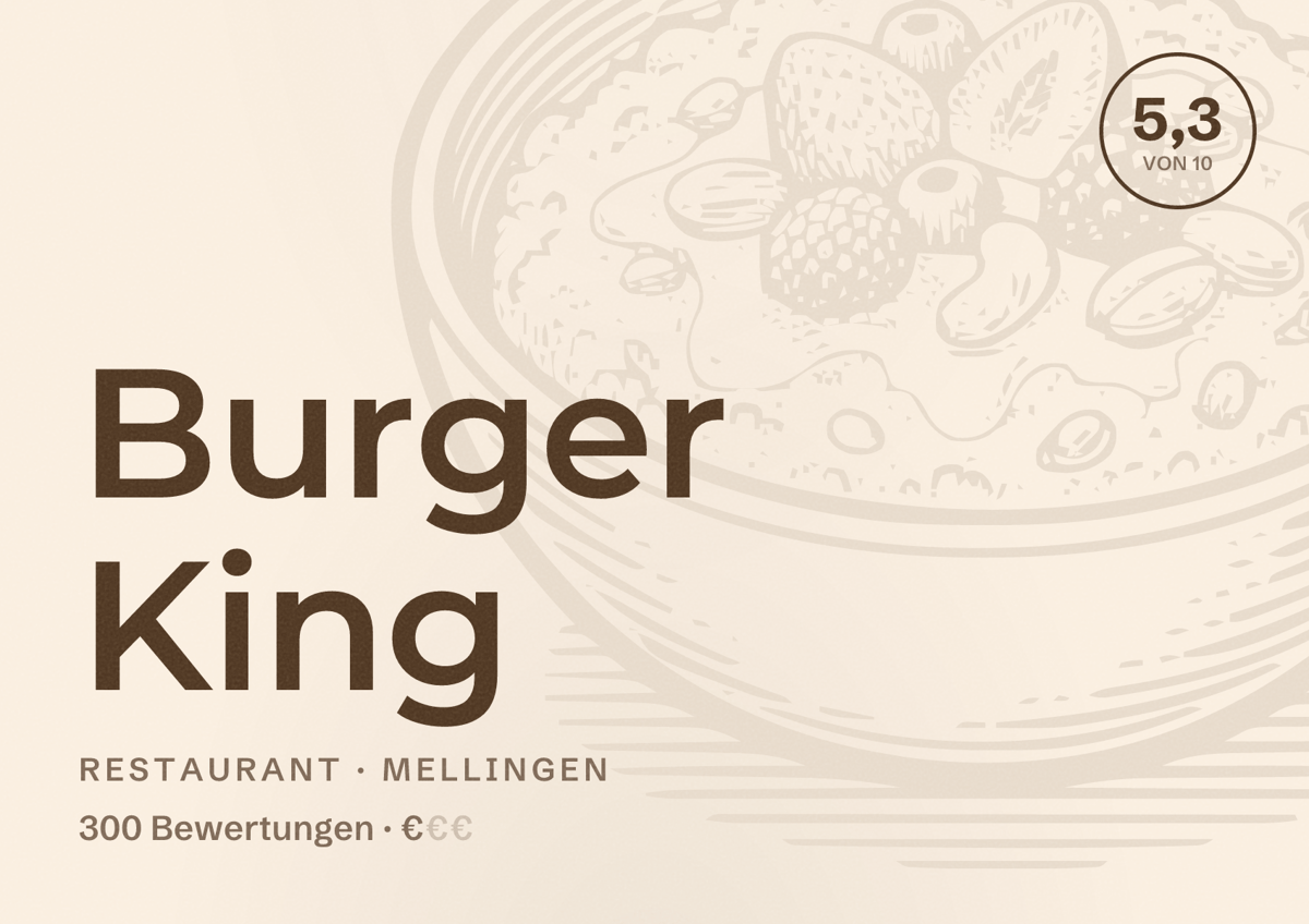Illustriertes Poster von Burger King, Restaurant in Mellingen: Bewertung 5,3 von 10 aus 300 Bewertungen, Preisniveau €