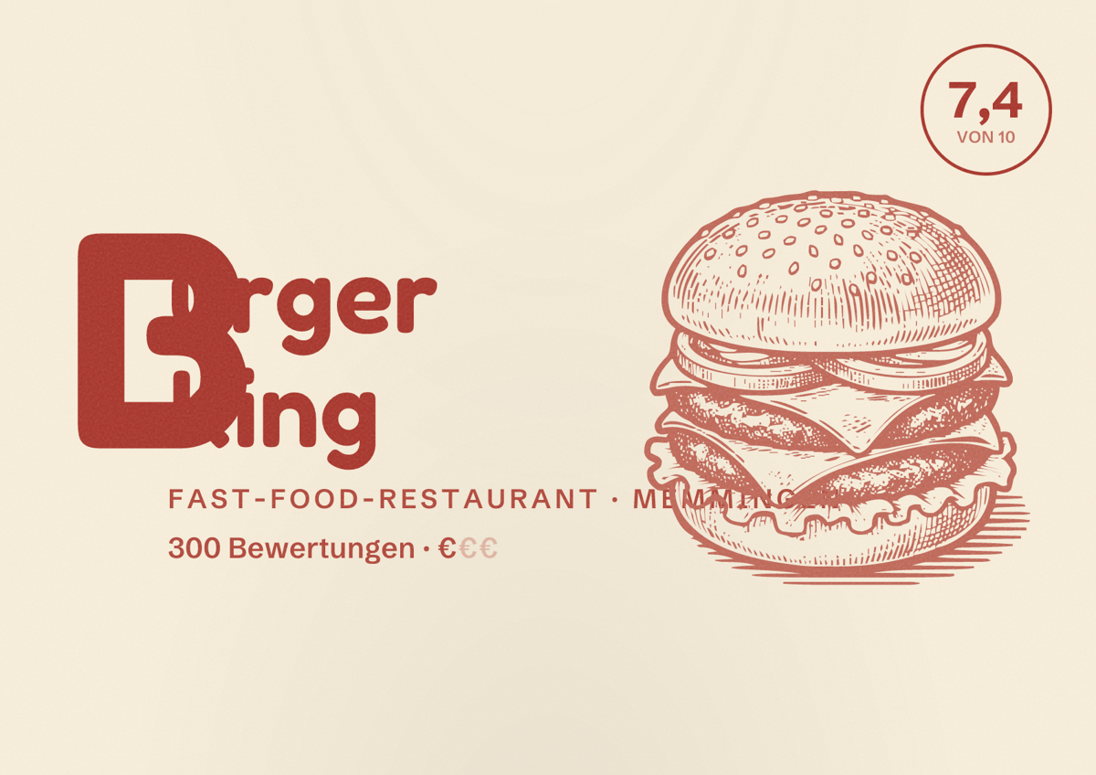 Illustriertes Poster von Burger King, Fast-Food-Restaurant in Memmingen: Bewertung 7,4 von 10 aus 300 Bewertungen, Preisniveau €
