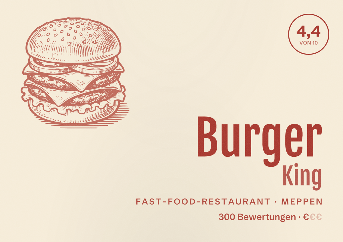 Illustriertes Poster von Burger King, Fast-Food-Restaurant in Meppen: Bewertung 4,4 von 10 aus 300 Bewertungen, Preisniveau €