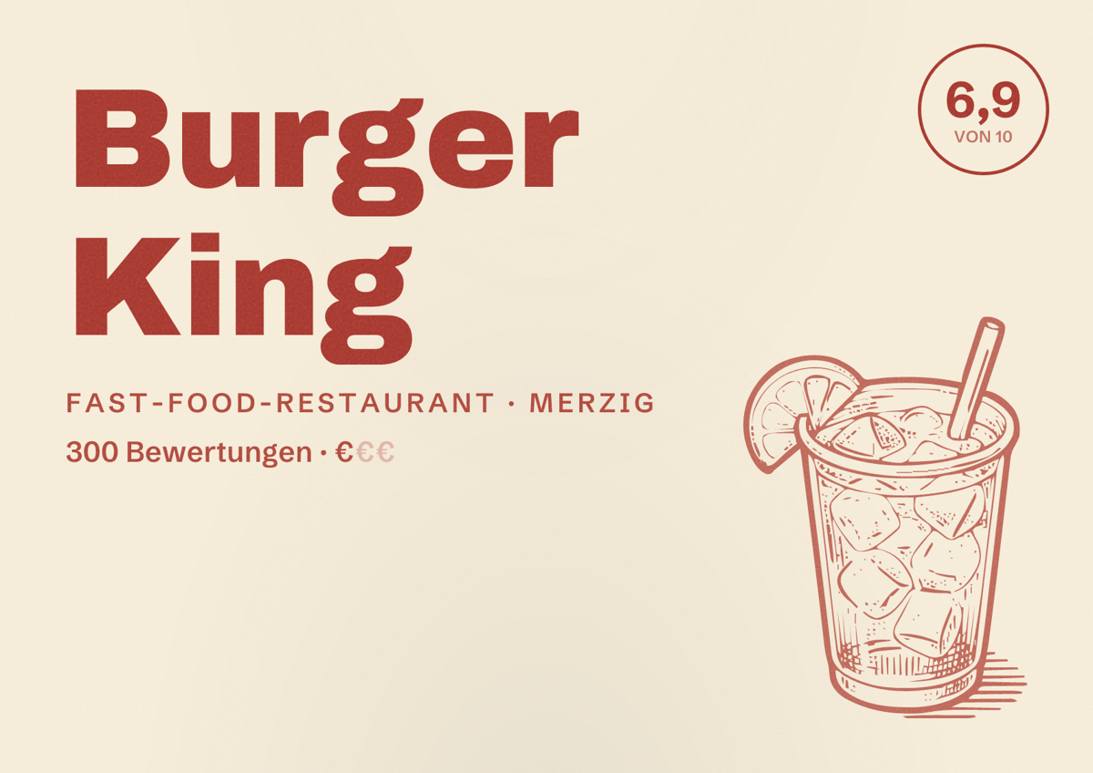 Illustriertes Poster von Burger King, Fast-Food-Restaurant in Merzig: Bewertung 6,9 von 10 aus 300 Bewertungen, Preisniveau €