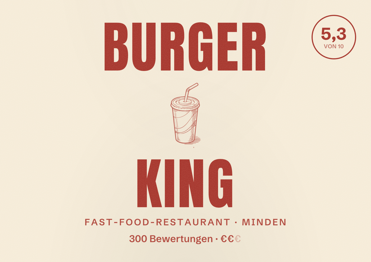 Illustriertes Poster von Burger King, Fast-Food-Restaurant in Minden: Bewertung 5,3 von 10 aus 300 Bewertungen, Preisniveau €€