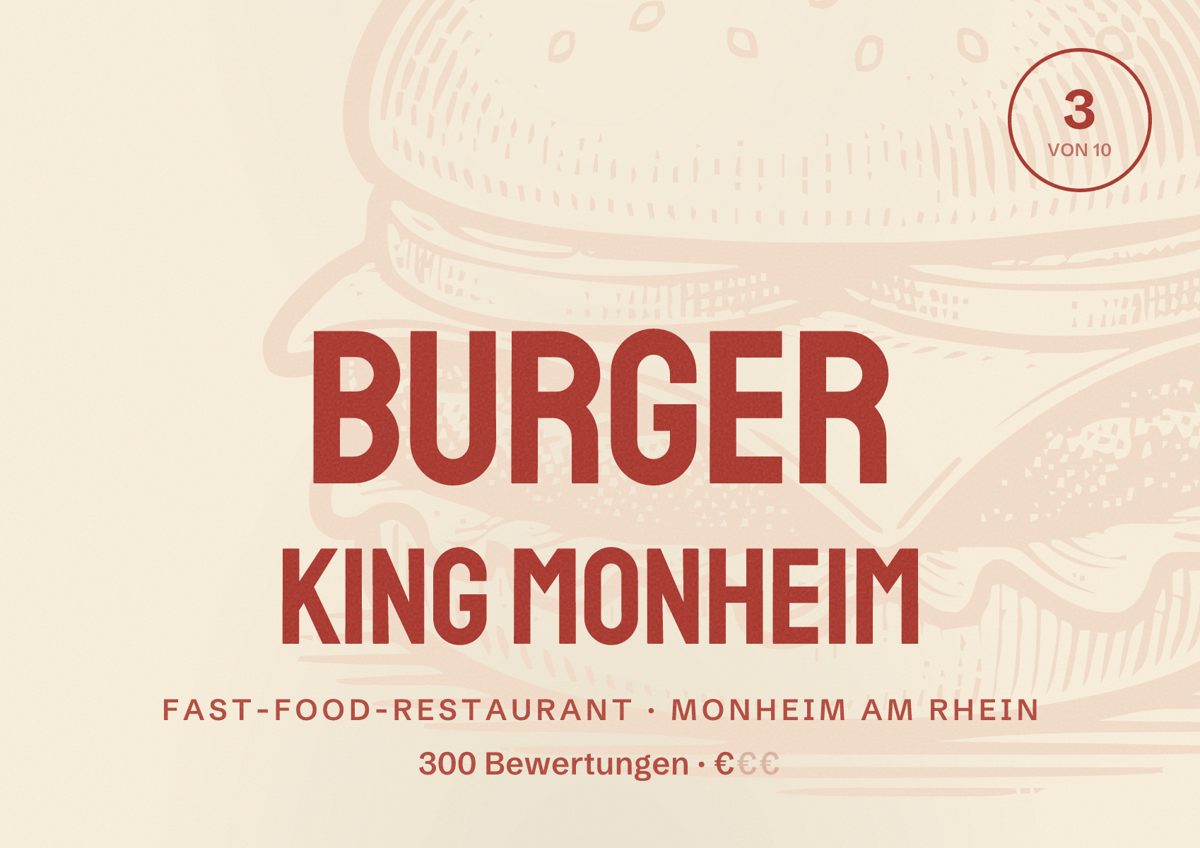 Illustriertes Poster von Burger King Monheim, Fast-Food-Restaurant in Monheim am Rhein: Bewertung 3 von 10 aus 300 Bewertungen, Preisniveau €