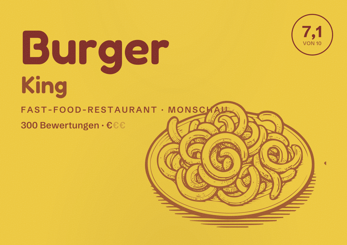 Illustriertes Poster von Burger King, Fast-Food-Restaurant in Monschau: Bewertung 7,1 von 10 aus 300 Bewertungen, Preisniveau €