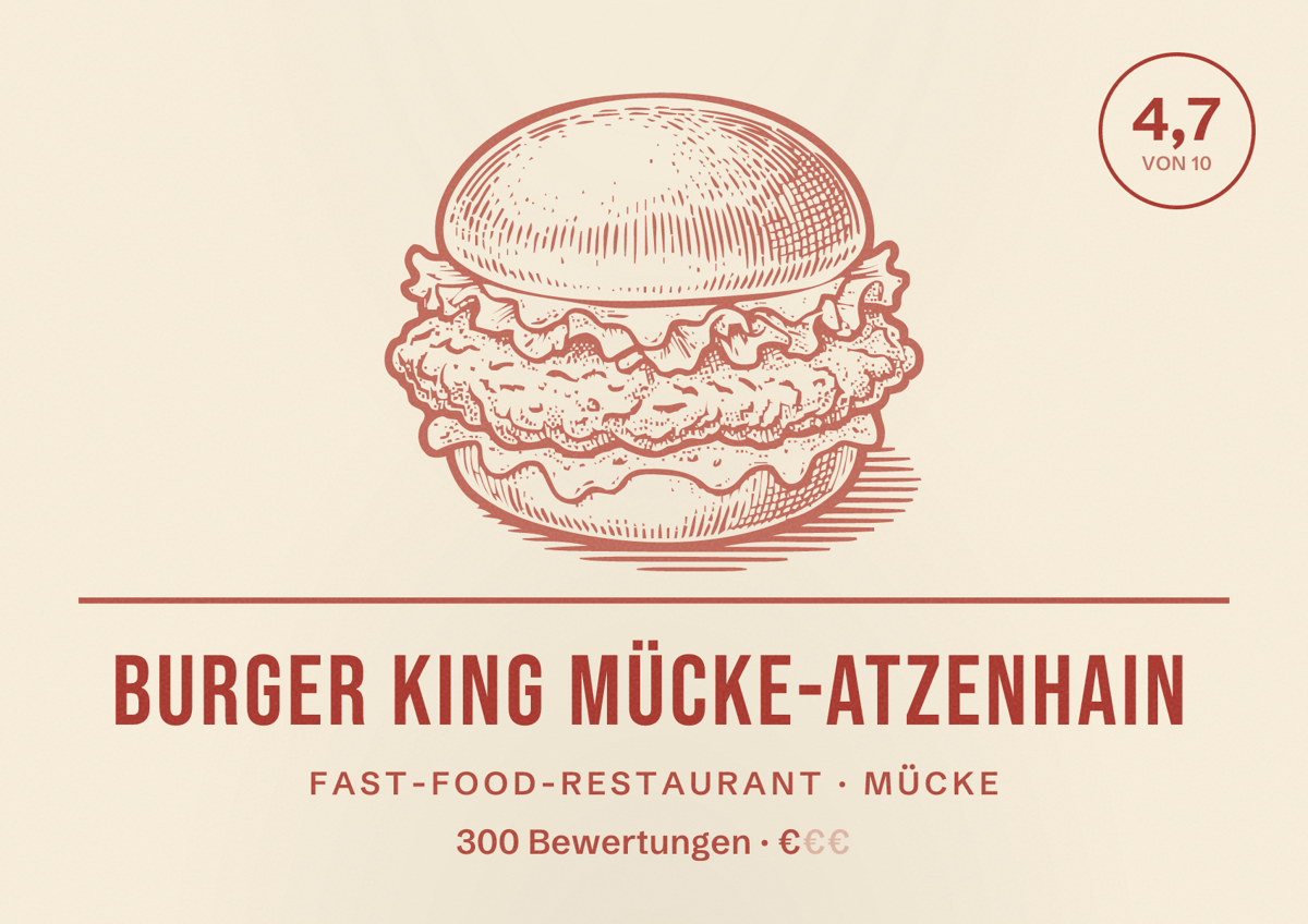 Illustriertes Poster von Burger King Mücke-Atzenhain, Fast-Food-Restaurant in Mücke: Bewertung 4,7 von 10 aus 300 Bewertungen, Preisniveau €