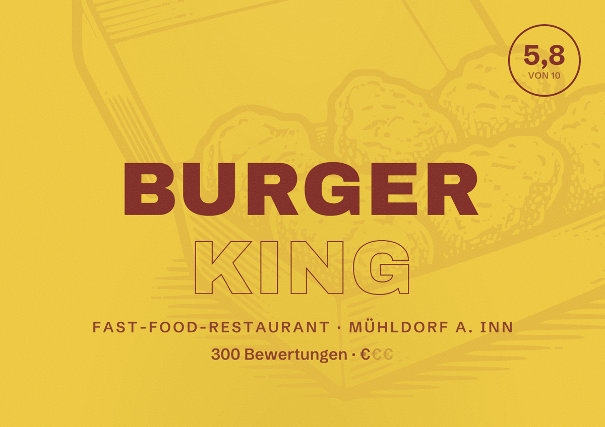Illustriertes Poster von Burger King, Fast-Food-Restaurant in Mühldorf a. Inn: Bewertung 5,8 von 10 aus 300 Bewertungen, Preisniveau €