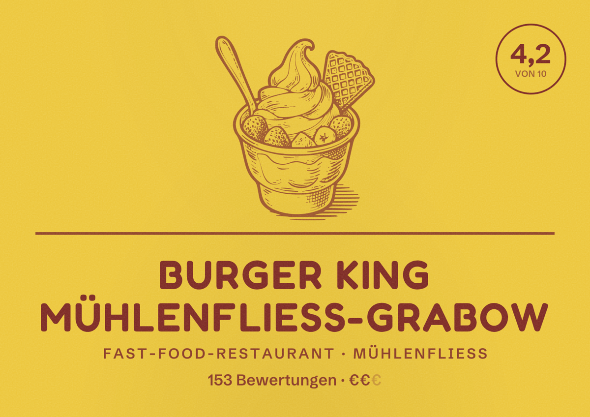 Illustriertes Poster von Burger King Mühlenfließ-Grabow, Fast-Food-Restaurant in Mühlenfließ: Bewertung 4,2 von 10 aus 153 Bewertungen, Preisniveau €€